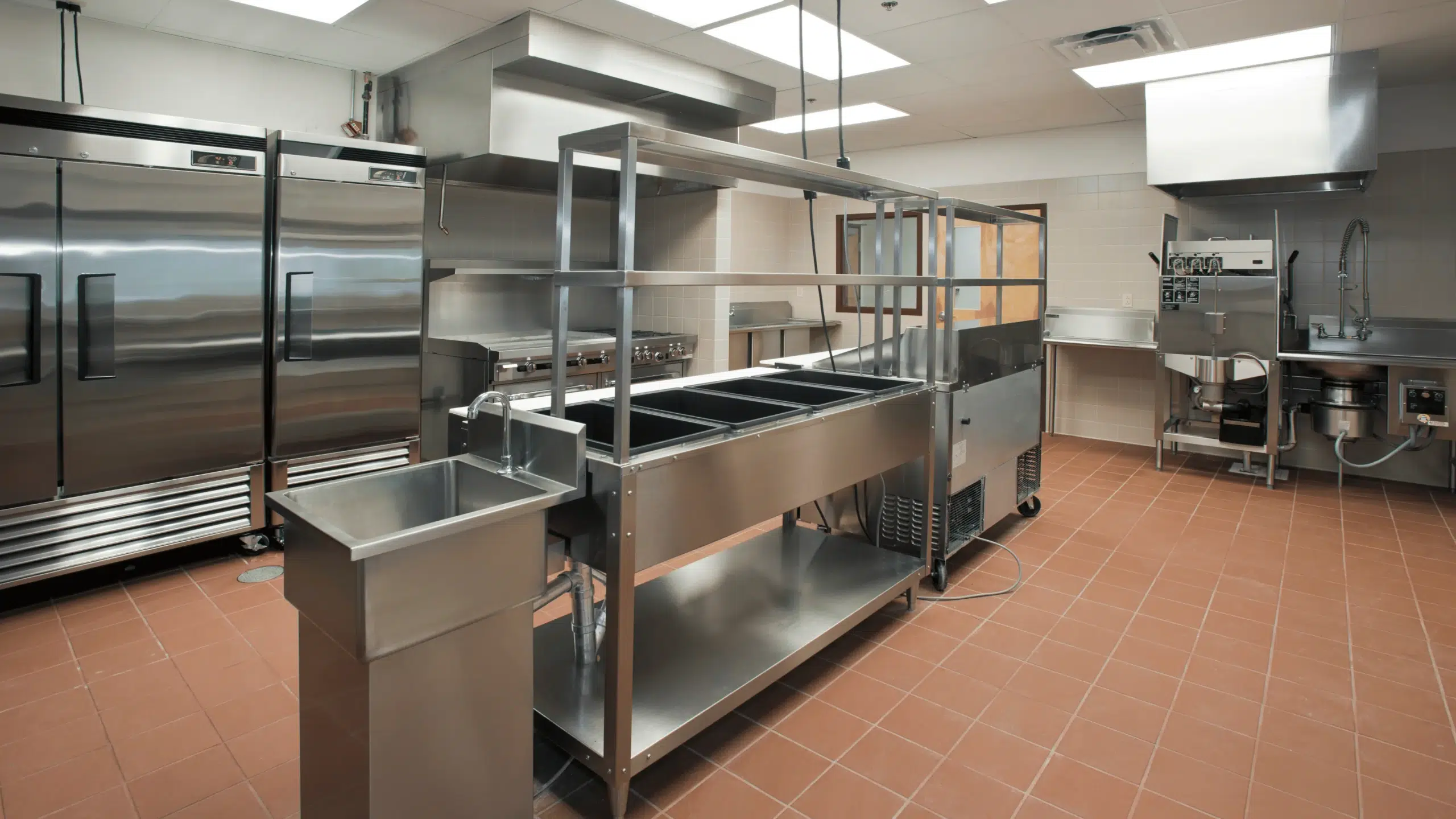 Restaurant kitchen with commercial fridges