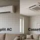 living room images side by side showcasing Split ac and cassette ac