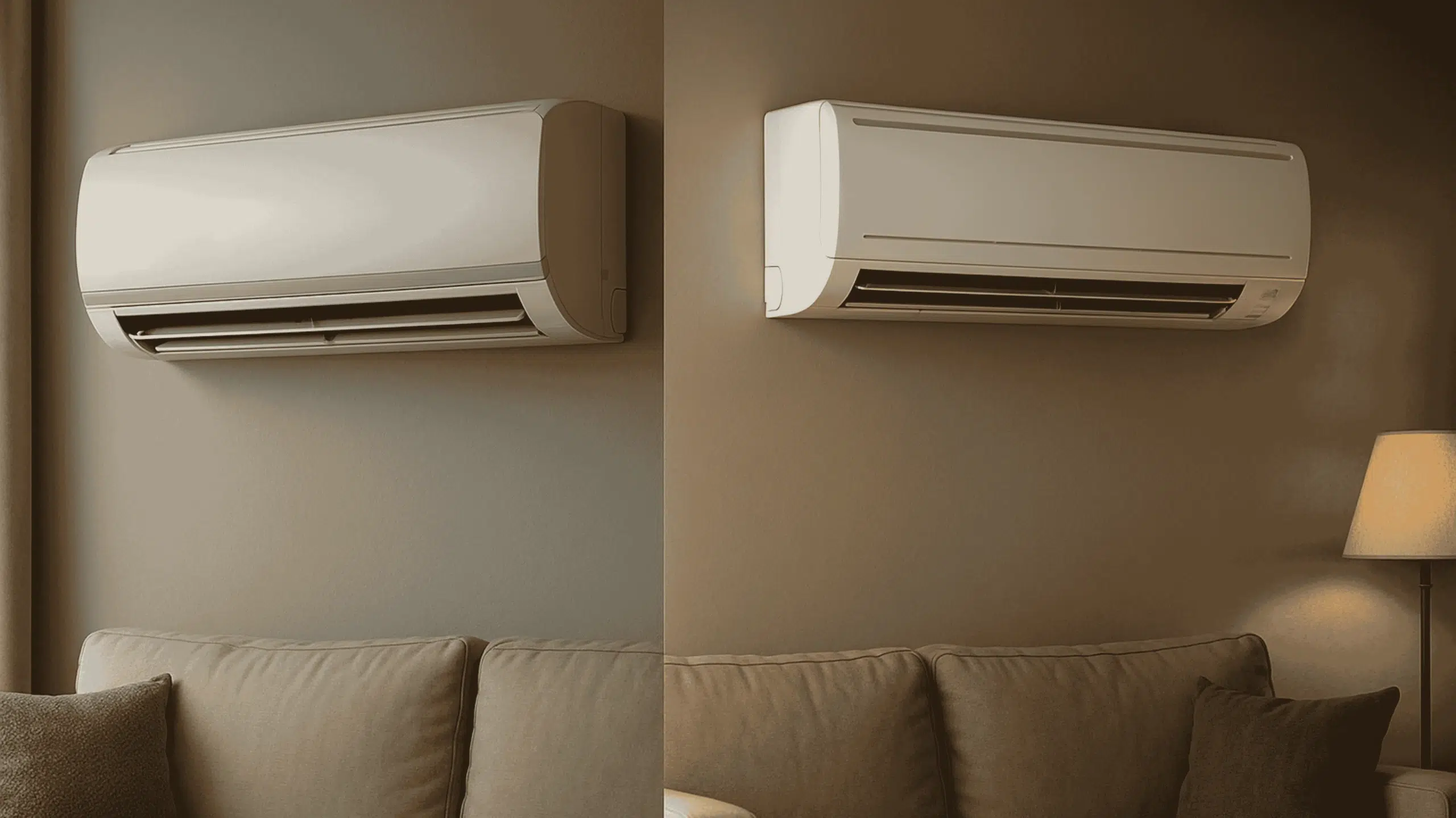 two images side by side of a normal AC & a inverter AC mounted on a wall